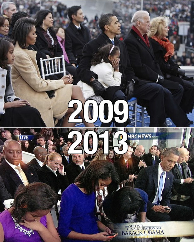The Obama Family 2009 and 2013 - everyone reading on phones